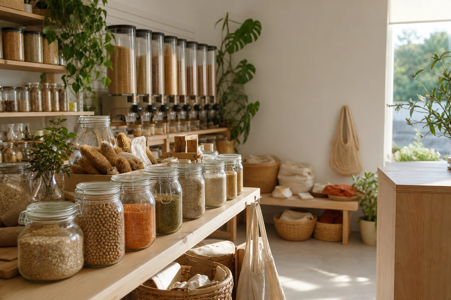 Tienda zero waste con tarros de productos a granel, bolsas reutilizables y plantas