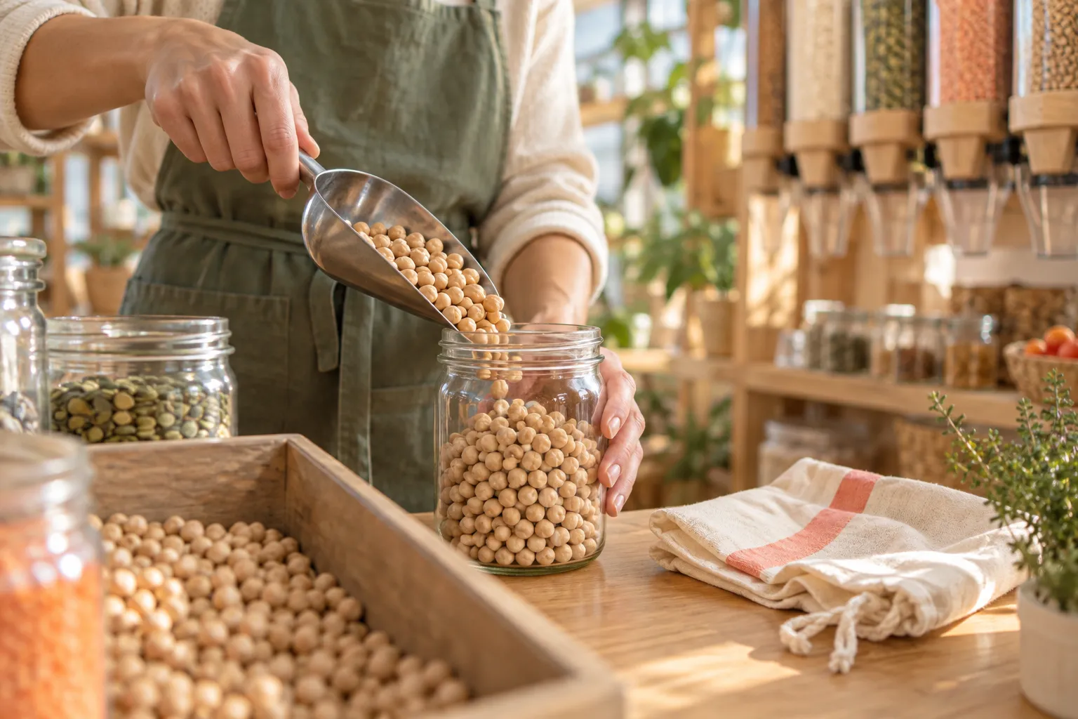 Una persona llena un tarro reutilizable con garbanzos en una tienda de productos a granel.