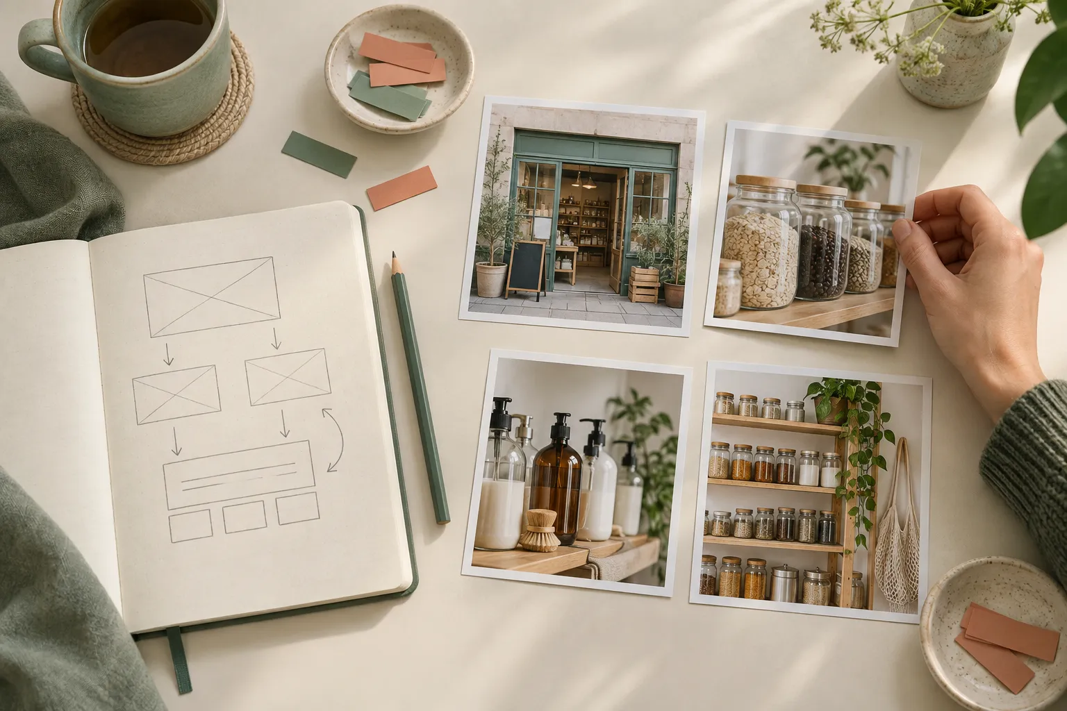 Cuaderno con un esquema de página y fotografías de comercios y productos para planificar una guía de tiendas eco.